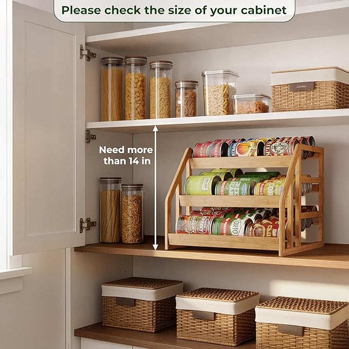 HOMESTEAD Bamboo Can Organizer for Pantry - 3 Tier Rack with Adjustable Dividers, Gravity Feed Canned Goods Organizer, 36 Cans Soda Storage