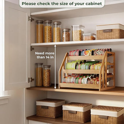 HOMESTEAD Bamboo Can Organizer for Pantry - 3 Tier Rack with Adjustable Dividers, Gravity Feed Canned Goods Organizer, 36 Cans Soda Storage