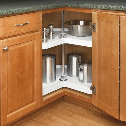 Rev-A-Shelf 24" Kidney Shaped Dual Tier Lazy Susan Organizer for Corner Base Kitchen Cabinets, Plastic Home Storage Shelves, White, 6472-24-11-52
