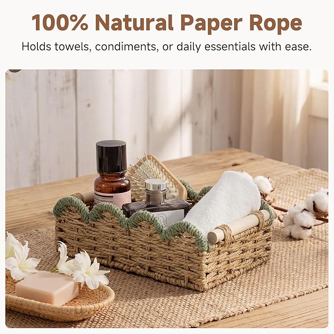 StorageWorks Toilet Paper Storage Basket 2 Pack, Toilet Basket with Wooden Handles, Small Wicker Decorative Scalloped Baskets for Organizing, Shelves, Counters, Green Rope
