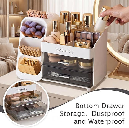 Makeup Organizer for Vanity with Brush Holder, Countertop Makeup organizer with Drawers for Skincare, Cosmetics, Perfumes, Eyeshadow Palettes, Spacious Cosmetic storage organizer