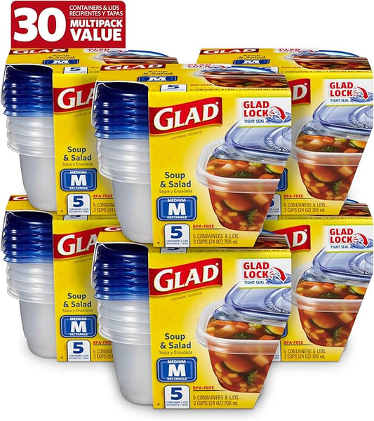 Glad GladWare Medium Rectangle Food Storage Containers with Lids, BPA Free Plastic for Soups Salads and Meal Prep, Airtight Leak Resistant, Microwave Dishwasher Freezer Safe, 24 Oz, 5 Count - 6 Pack