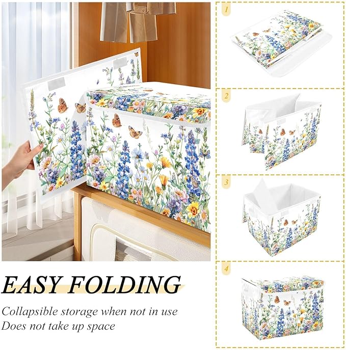 senya Flower Baskets Collapsible Storage Bins with Lids, Watercolor Wildflowers Spring Storage Boxes Clothes Baskets for Organizing, B06D22020