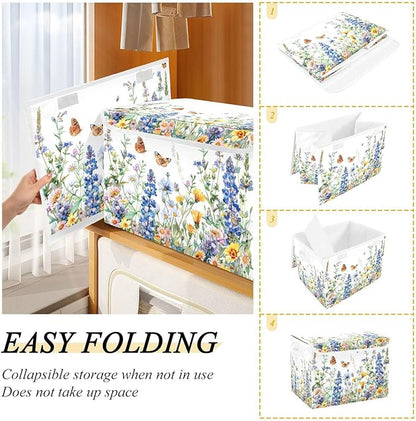 senya Flower Baskets Collapsible Storage Bins with Lids, Watercolor Wildflowers Spring Storage Boxes Clothes Baskets for Organizing, B06D22020