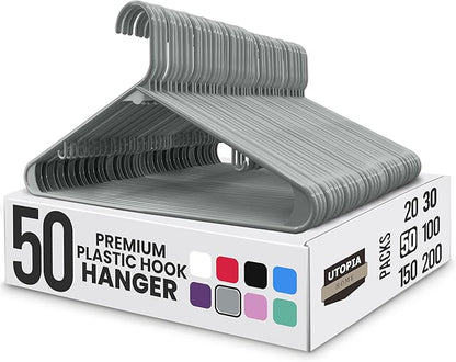 Utopia Home Plastic Hangers 50 Pack - Space Saving Clothes Hanger - Durable & Strong Closet Organizers and Storage with Built-in Strap Hooks - Essential for Shirts, Pants, Skirts & Coats (Grey)