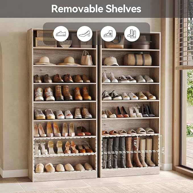 LITTLE TREE 9-Tier Shoe Cabinet, 32 Pairs Wooden Shoes Cabinet with Adjustable Shelves for Entryway, 70.9" Tall Shoe Cabinet, Freestanding Modern Shoe Organizer for Living Room Bedroom, Light Grey
