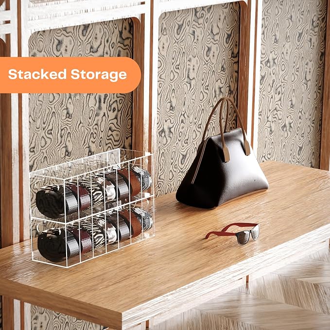 YUNEASELF Belt Organizer - Acrylic Belt Storage Holder for Closet with Dust Cover Lid - 7 Compartments Clear Display Case for Tie and Bow Tie