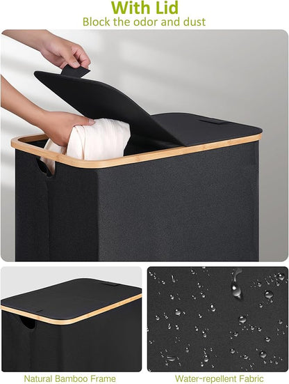efluky Double Laundry Hamper with Wheels, Divided Laundry Hamper with Removable Bags, 2 Section Dirty Clothes Basket with Handles for Bathroom, Bedroom & Laundry Room, 160L Dark Black