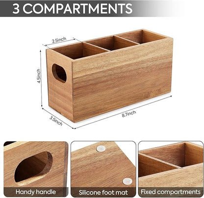VIVIRBIEN Acacia Wooden Silverware Holder, Kitchen Utensil Caddy with 3 Compartments, Cutlery Storage Organizer Countertop, Flatware Organizer for Party, Spoon, Fork Holder