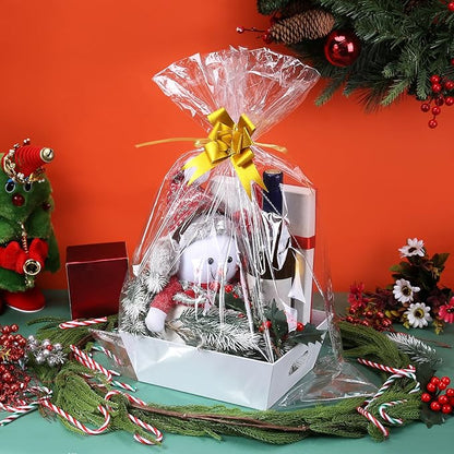 AFOROEOA 10PACK Baskets For Gifts Empty, 10 x 8”Thick White Gift Basket with 10 Clear Gift Bags and 10 Pull Bows, Empty Gift Baskets for Christmas, Thanksgiving Wedding Birthday Party Wrapping Gift