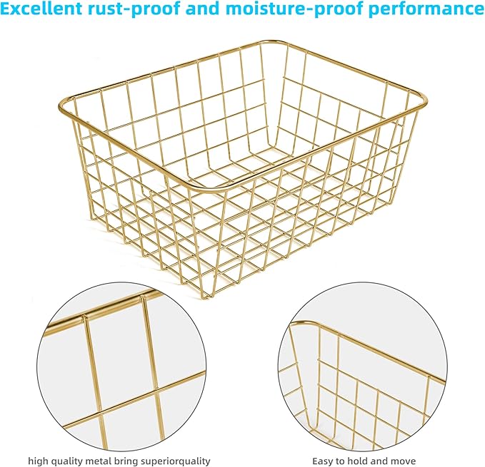 Wire Baskets for Storage Pantry, 4 Pack, 11 x 8.7 x 4.7 in, Golden Metal