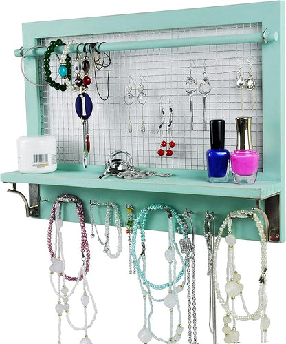 Jewelry Organizer, Wall Mount Jewelry Holder Rack with Hooks Shelf and Removable Rod Hanging Display Earrings Necklaces Bracelets Rings Storage Accessories Wood in Shabby Chic Turquoise
