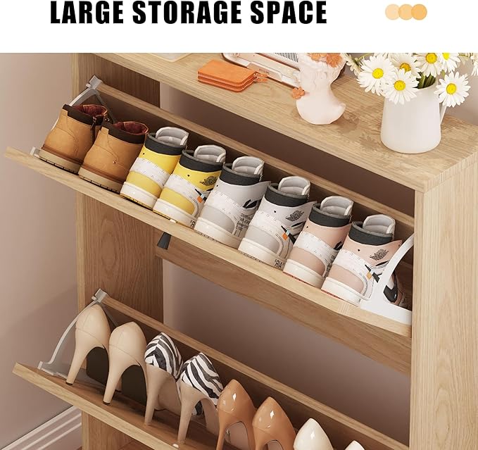 AVZEAR Narrow Shoe Storage Cabinet for Entryway with Natural Linen Panel, Freestanding Slim Shoe Cabinet with 2 Flip Drawers, Wood Shoe Organizer Closed Shoe Rack for Hallway, Living Room(Natural)