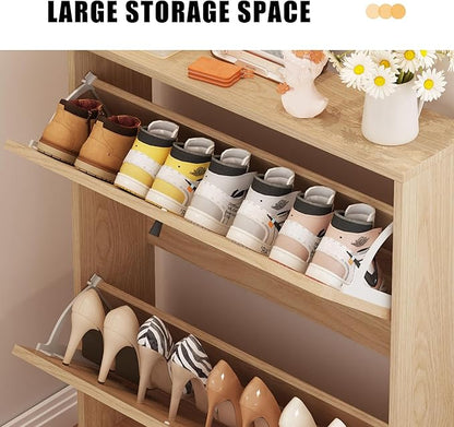 AVZEAR Narrow Shoe Storage Cabinet for Entryway with Natural Linen Panel, Freestanding Slim Shoe Cabinet with 2 Flip Drawers, Wood Shoe Organizer Closed Shoe Rack for Hallway, Living Room(Natural)