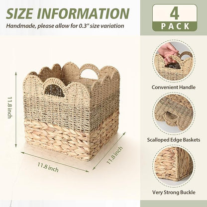 12x12 Storage Cube Bins Wicker Storage Basket for Cube Shelf, Set of 4 Collapsible Scalloped Storage Bins with Handle, Square Woven Baskets for Organizing Shelves Bedroom Pantry