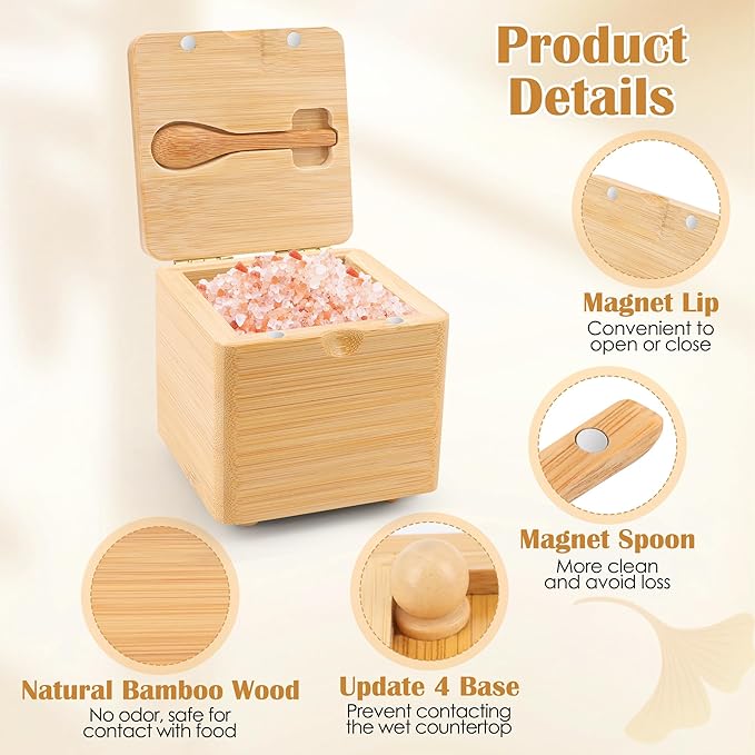 Luxiv Updated Bamboo Salt Cellar with Lid and Spoon, Bamboo Salt Box Wood Spice Box with Magnetic Lid for Pepper Spice Sea Salt Container Jar For Countertop with 4 Bases
