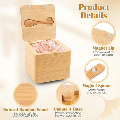 Luxiv Updated Bamboo Salt Cellar with Lid and Spoon, Bamboo Salt Box Wood Spice Box with Magnetic Lid for Pepper Spice Sea Salt Container Jar For Countertop with 4 Bases