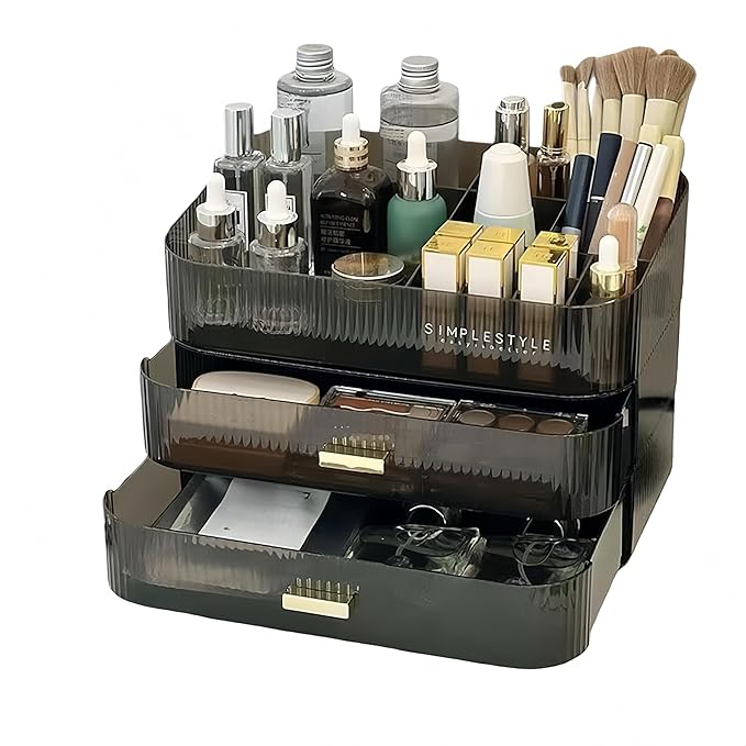 Makeup Organizer for Vanity, Large Desk Organizer with Stackable Drawers for Cosmetics, Skin Care, Lipsticks, Palette, Nail Care, Ideal Storage for Dresser and Bathroom Countertop- Black