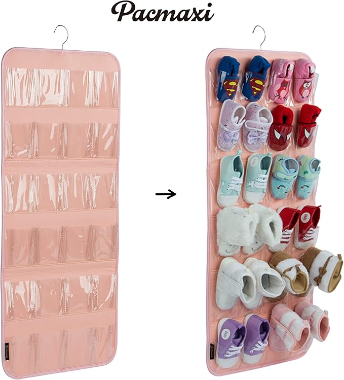 PACMAXI Over The Door Shoes Organizer for 12 Pairs of Baby Shoes Boys Girl, Hanging Baby Sole Shoe Organizer with Hanger(Felt Material-Pink)