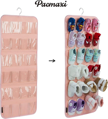 PACMAXI Over The Door Shoes Organizer for 12 Pairs of Baby Shoes Boys Girl, Hanging Baby Sole Shoe Organizer with Hanger(Felt Material-Pink)
