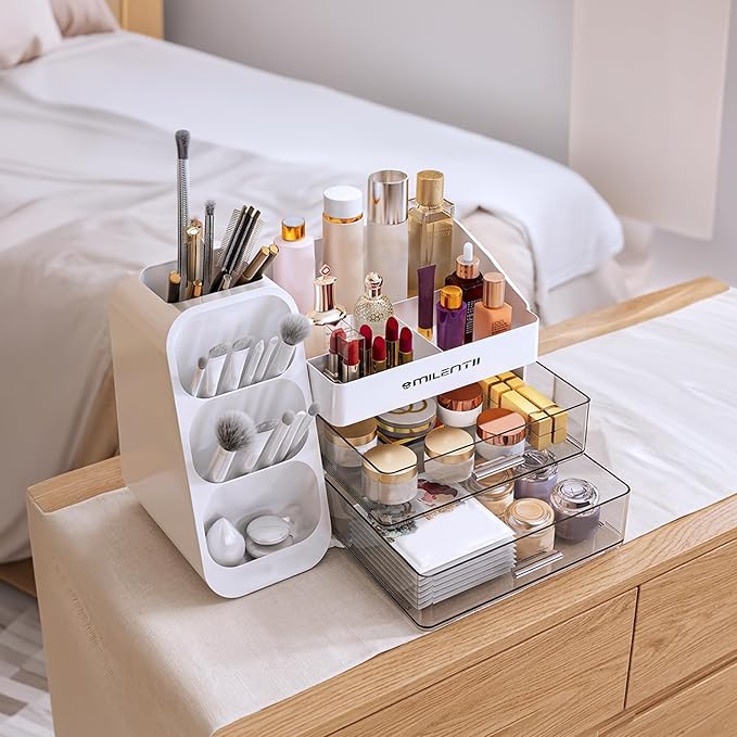Makeup Organizer with Drawers, Large Capacity Cosmetic & Skincare Storage Box, Countertop Vanity Organizer for Bathroom, Bedroom & Dresser, ABS Plastic, White