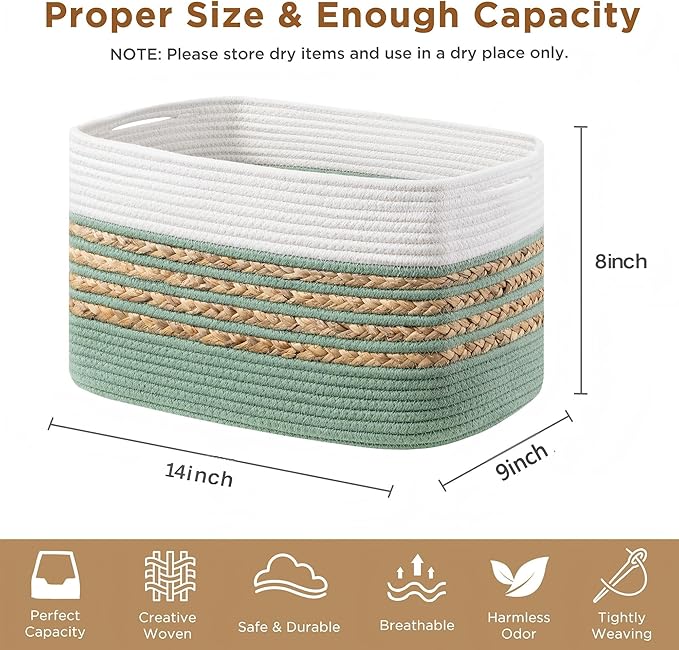UBBCARE 4 Pack Baskets for Organizing, Woven Storage Baskets for Toys and Towel, Rectangle Cotton Rope Basket with Handles, 14''L x 8''W x9''H, Green