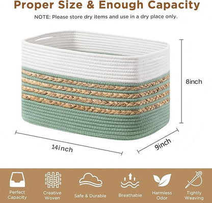 UBBCARE 2 Pack Baskets for Organizing, Woven Storage Baskets for Toys and Towel, Rectangle Cotton Rope Basket with Handles, 14''L x 8''W x9''H, Green