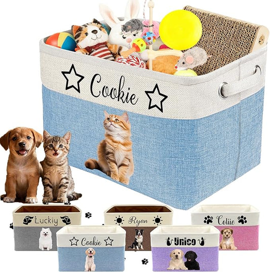 Personalized Dog Cat Toy Storage Basket with Pet's Name Custom Foldable Storage Box with Handles for Blankets Pet Stuff, Toys, Clothes