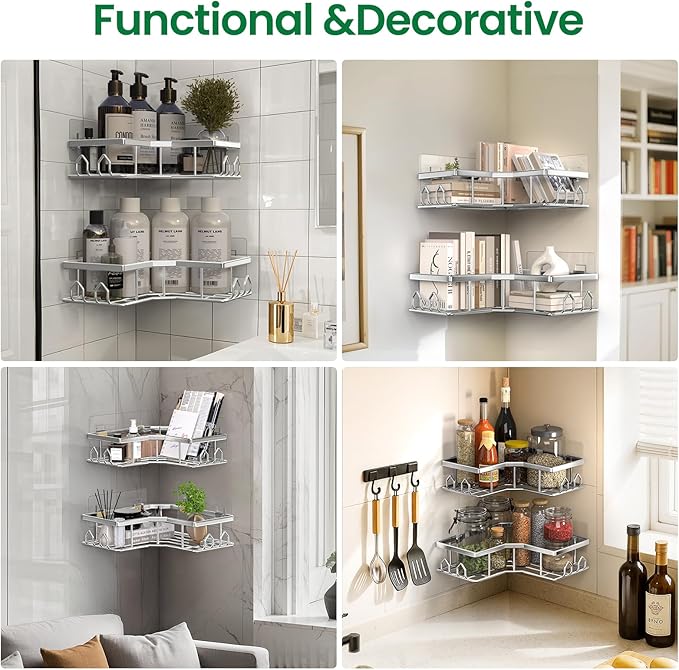 Adhesive Shower Caddy, 2 Pack Corner Bath Organizer, Rustproof Stainless Steel Shower Shelves with Large Capacity, No Drilling Shelves for Bathroom Storage, Home, Kitchen Decor (Silver).
