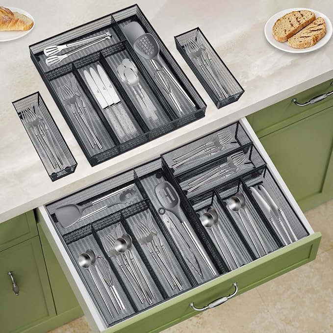 Neudeco Drawer Organizer Set 6 Pack - 5-Compartment Silverware Organizer Tray + 5 Utensil Trays, Kitchen Drawer Organizer for Flatware, Cutlery, Office Supplies, Black Mesh, Non-Slip.