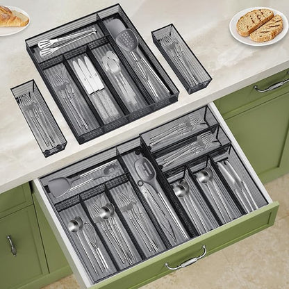 Neudeco Drawer Organizer Set 6 Pack - 5-Compartment Silverware Organizer Tray + 5 Utensil Trays, Kitchen Drawer Organizer for Flatware, Cutlery, Office Supplies, Black Mesh, Non-Slip.