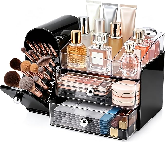 Makeup Organizer with Brush Holder for Vanity, Large Cosmetic Display Cases with 2 Drawers, Skincare Organizer for Bathroom Countertop, Black