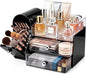 Makeup Organizer with Brush Holder for Vanity, Large Cosmetic Display Cases with 2 Drawers, Skincare Organizer for Bathroom Countertop, Black