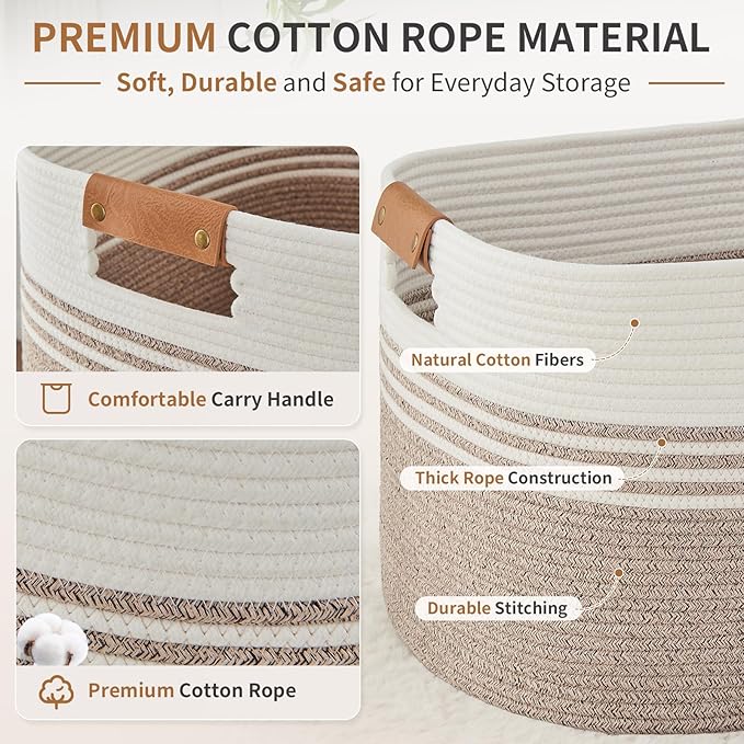 Extra Large Laundry Basket Hamper, 72L Cotton Rope Storage Bin for Blankets, Toys, Clothes, Decorative Nursery Hamper for Living Room, Baby Nursery, Bathroom, Bedroom, Kids Storage, Light Brown