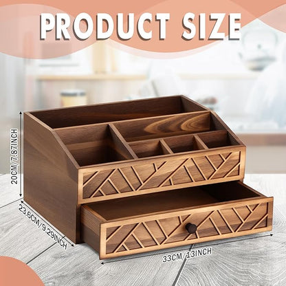 Marsui Paper Plate Dispenser, Wood Rustic Paper Plate Holder for Countertop with Drawer Silverware Utensil Caddy, Cutlery Flatware Organizer for Spoon Fork Napkins Kitchen Parties(Wood-burned Brown)