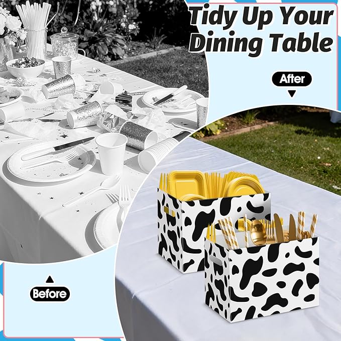 2PCS Cow Print Utensil Holder Paper Utensil Caddy for Cow Birthday Party Decorations Disposable Cutlery Holder with Handles Cutlery Caddy for Farm Animal Party Supplies Black and White Snack Box
