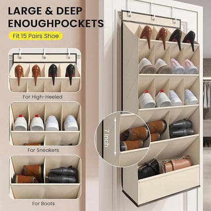 18 Pairs Over the Door Shoe Organizer, Shoe Rack for Closet Door with Large Breathable Pockets, Hanging Shoes Rack for Boots, Behind the Door Organizer Shoe Holder for Categorized Storage, Beige ﻿