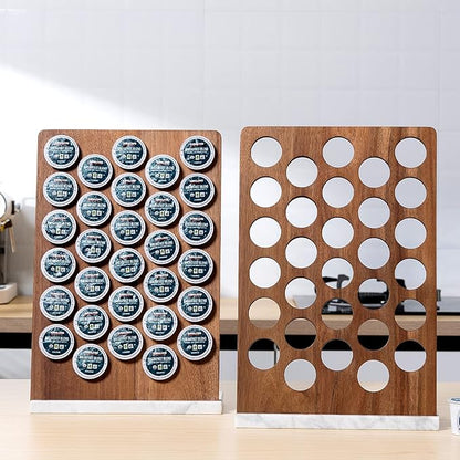 Coffee Pod Holder K Cup Organizer - Acacia Wood Storage Rack with Weighted White Marble Base - 30+ Pod Capacity Countertop Stand - Modern Kitchen Storage Organizer