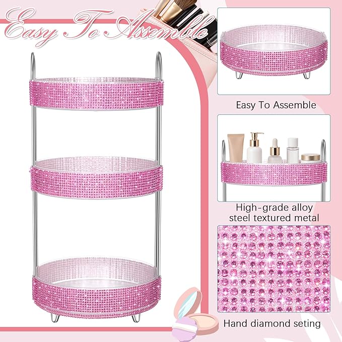 Honeydak 360 Rotating Perfume Organizer for Mother Day Nurse Day Rhinestone Bathroom Counter Organizer Makeup Holder Skincare and Perfume Storage for Cosmetic Countertop(3 Tiers,Resin Stone,Pink)