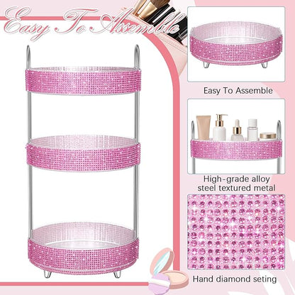 Honeydak 360 Rotating Perfume Organizer for Mother Day Nurse Day Rhinestone Bathroom Counter Organizer Makeup Holder Skincare and Perfume Storage for Cosmetic Countertop(3 Tiers,Resin Stone,Pink)