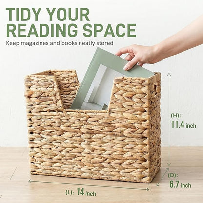 Wicker Magazine Basket with Handle, Water Hyacinth Magazine Holder with 2 Compartments, Handwoven Storage Basket for Books Files Newspapers