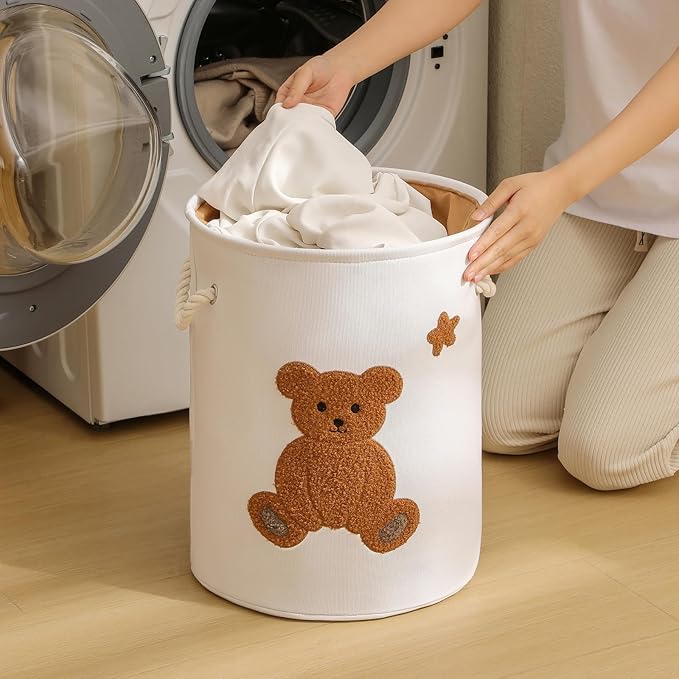 Kids Laundry Basket Nursery Hamper Baby Laundry Basket Stuffed Animal Toys Storage Baskets for Toddler Room Decor, Dirty Clothes Hampers with Drawstring Closure for Bedroom/Living Room/Nursery, Bear