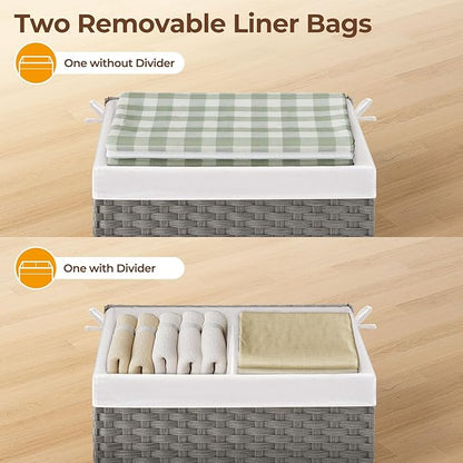 Greenstell Storage Basket with Lid, 105L Large Wicker Basket with Lid, Handwoven Blanket Storage Basket with Handles, Removable Cotton Liner, Metal Frame, Foldable for Bedroom, Laundry Room, Grey