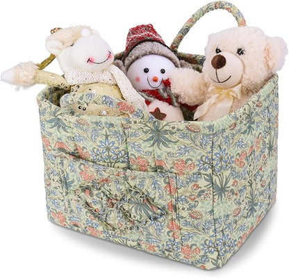 Storage Basket Boho Fabric Large Collapsible Floral Laundry Nursery Hamper Portable Folding Storage for Clothes Toys (Light Green A)