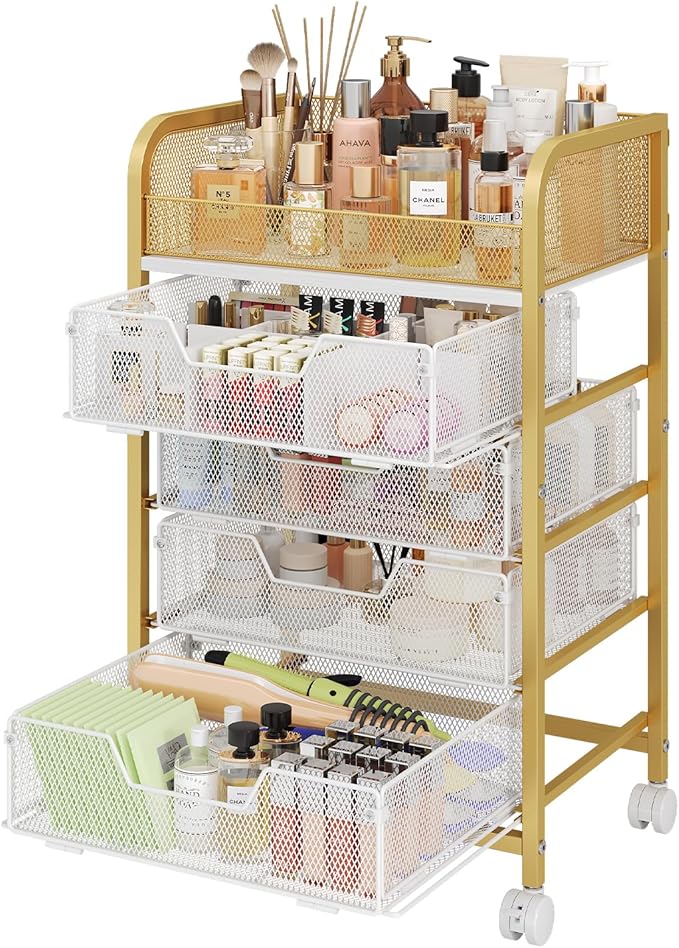 Hongtamoya Makeup Cart Organizer with 4 Drawers, Large Floor Skincare Organizers, Vanity Storage Organizer Cosmetics Display Cases for Skin Care Perfume Nail Polish, Gold