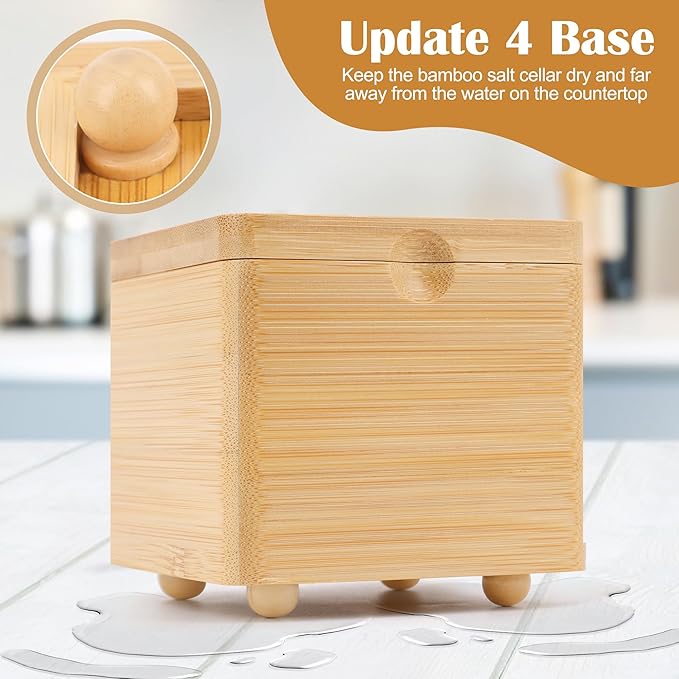 Luxiv Updated Bamboo Salt Cellar with Lid and Spoon, Bamboo Salt Box Wood Spice Box with Magnetic Lid for Pepper Spice Sea Salt Container Jar For Countertop with 4 Bases