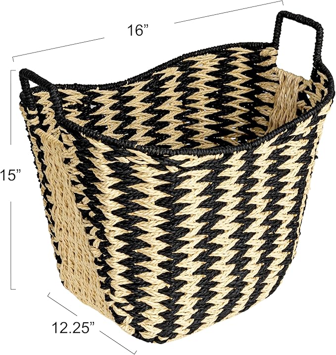 Household Essentials Zigzag Woven Paper Rope Basket, Black and Natural