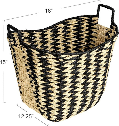 Household Essentials Zigzag Woven Paper Rope Basket, Black and Natural