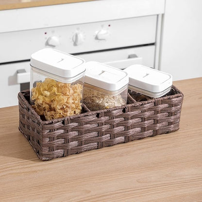 Toilet Tank Topper Paper Basket Multiuse Hand Woven Plastic Wicker Basket Bins with Divider for Shelves Rustic Farmhouse Bathroom Decor Countertop Organizer Storage