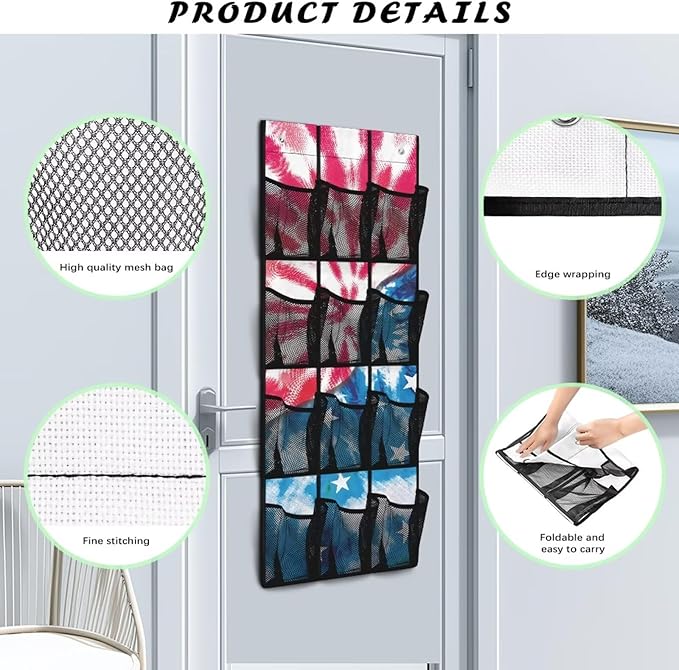 Tie-Dye Space Saving Hanging Shoe Organizer,Entryway Bedroom Bathroom Storage Bags with 12 Mesh Large Pockets,Stylish Print